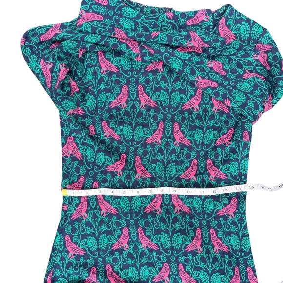 Boden Annie Jacquard A-Line Long Sleeve Teal and Pink Bird Print Dress Size 6R - Picture 12 of 16